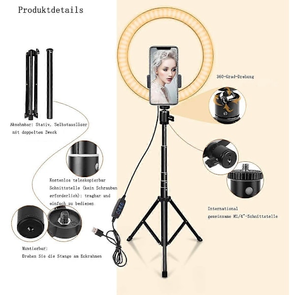 10,2\" Lång LED-ringlampa med stativ och telefonhållare, dimbar skrivbordsringlampa för Youtube-video, selfie, livesändning