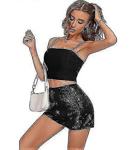 Dame Paljetter Høy Elastisk Midje Rett Ben Shorts Solid Glitter Party Shorts Black 2XL