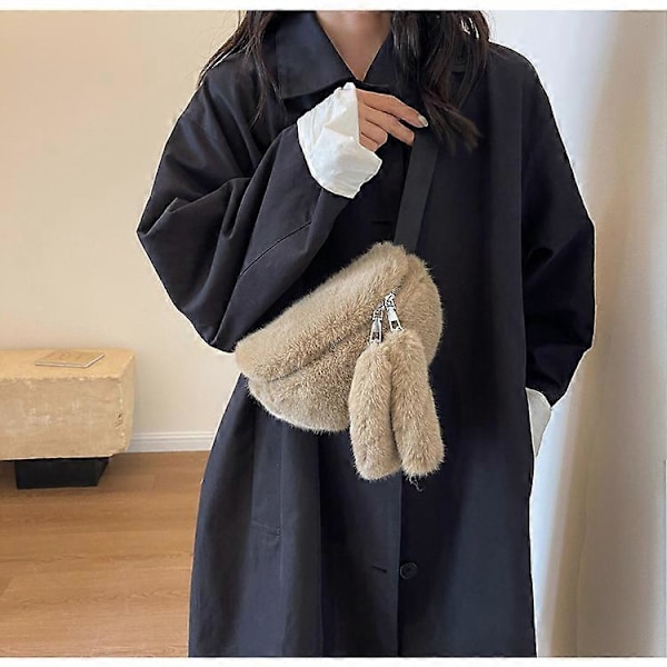 Dambälte Midjeväska Mångsidig Fluffig Crossbody-väska Höst Vinter Handväska (Khaki)