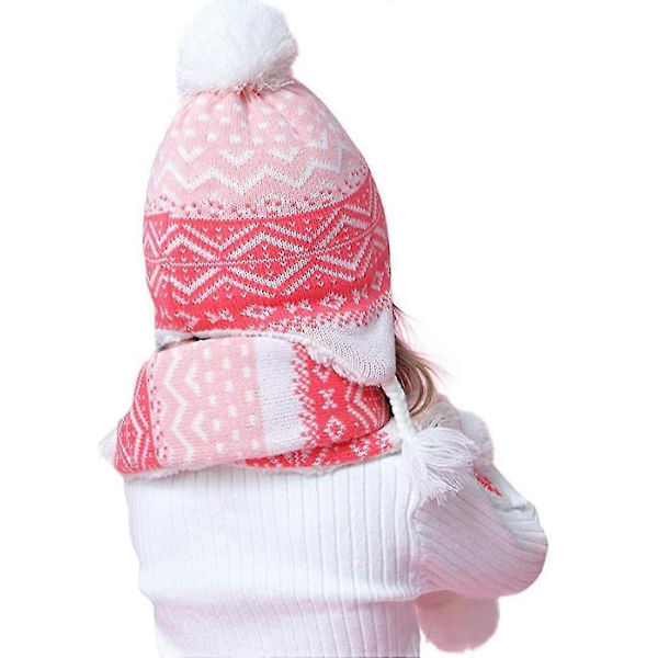 Stickad halsduk, mössa, handskar och sammetsfoder vinterset för flickor (small) pink SIZE 3