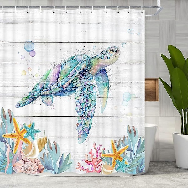 Rustikt badeværelsesforhæng med havskildpadde, kysttræplanke, strandskildpaddeforhæng med 12 kroge (183 cm B x 183 cm L)