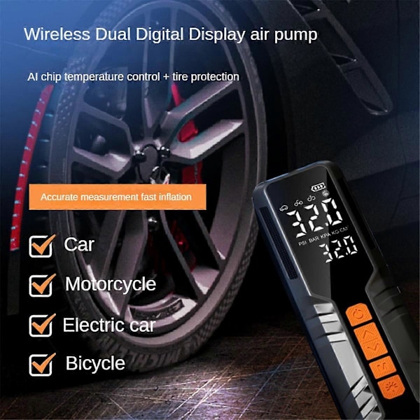 Däckpump Bärbar Luftkompressor Elektrisk Sladdlös Luftpump med Nödljus, Sensor Noggrann LCD-skärm
