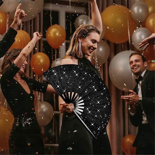 Glitter Stor Rave Hopfällbar Handfläkt för Män/Kvinnor Handhållen Fläkt Svart