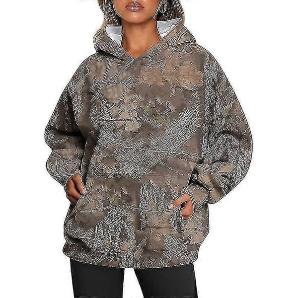 Camo hettegenser for kvinner, trykt oversized fleecegenser, avslappet pullover med lommer Khaki 2XL