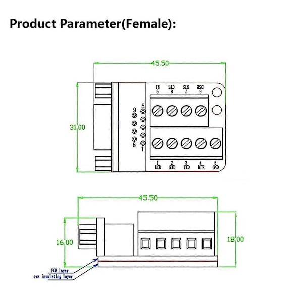 RS232 D-SUB Seriell till 2 Rad 9Pin Port Terminal Adapter Breakout Board