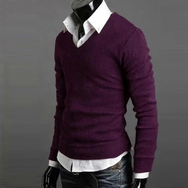 Herrtröja enfärgad V-ringad stickad tröja Purple M