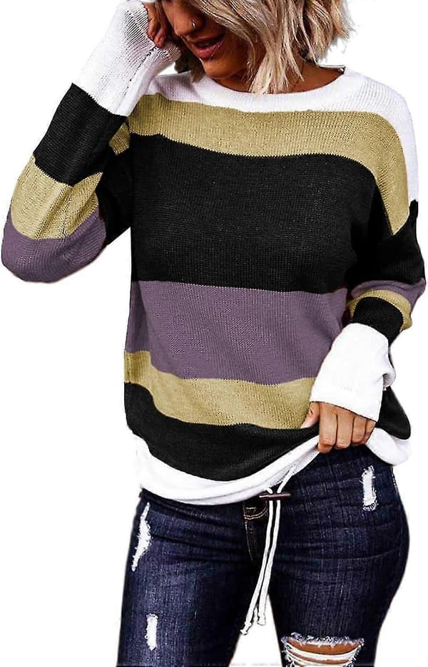 Efterårs Sweaters Rund Hals Stribet Sød Vinter Pullover Sweaters Til Kvinder Trendy 2023 Snøre X Large Purple