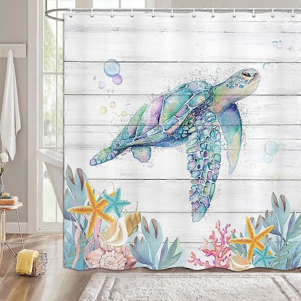Rustikt badeværelsesforhæng med havskildpadde, kysttræplanke, strandskildpaddeforhæng med 12 kroge (183 cm B x 183 cm L)