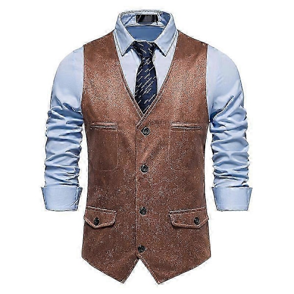 2025 Läder Västar för Män, Casual Väst i Westernstil, Lätt V-ringad Khaki 2XL