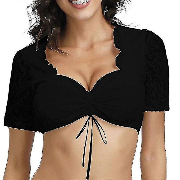 Elegant Dirndl Bluse til Kvinder, Sort Dirndl Bluse, Blondebluse til Oktoberfest Black L