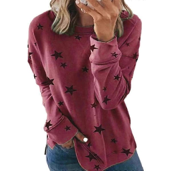 Plus Size Dame Toppe Stjerne Print Langærmet Pullover Casual T-shirts Wine Red 5XL