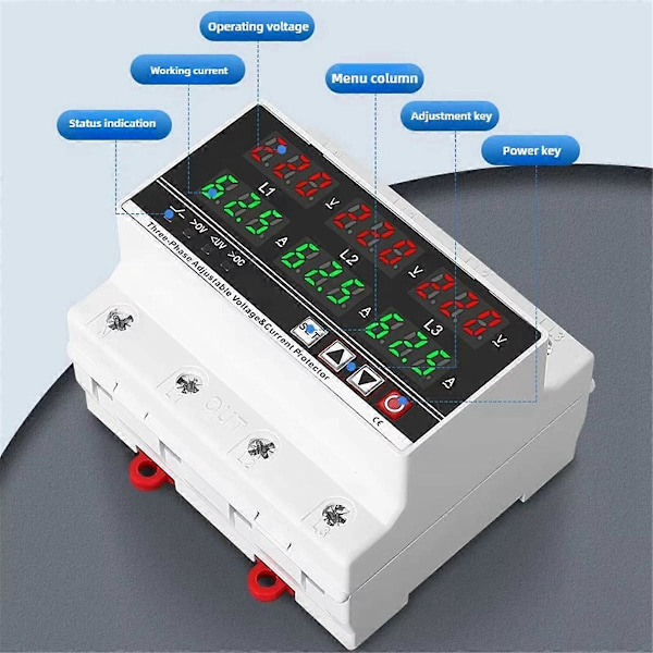 3-fas Justerbart Över- och Underspänningsskydd Voltmeter Amperemeter Monitor 3P4W Din-skena Strömgräns Skydd 100A