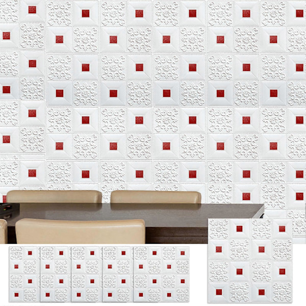 JiKaiX Självhäftande Väggplattor 3D Dekorativ Panel Texturerad Självhäftande Skum Väggdekal för Badrum Kök Stänkskydd White  Red 4.5MM