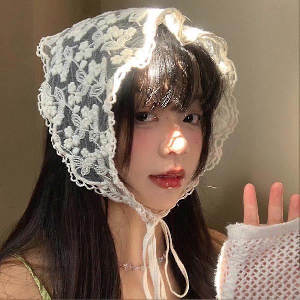 Vit Vävd Blommig Spets Hårscarf Wraps för Kvinnor Retro Triangel Huvudduk