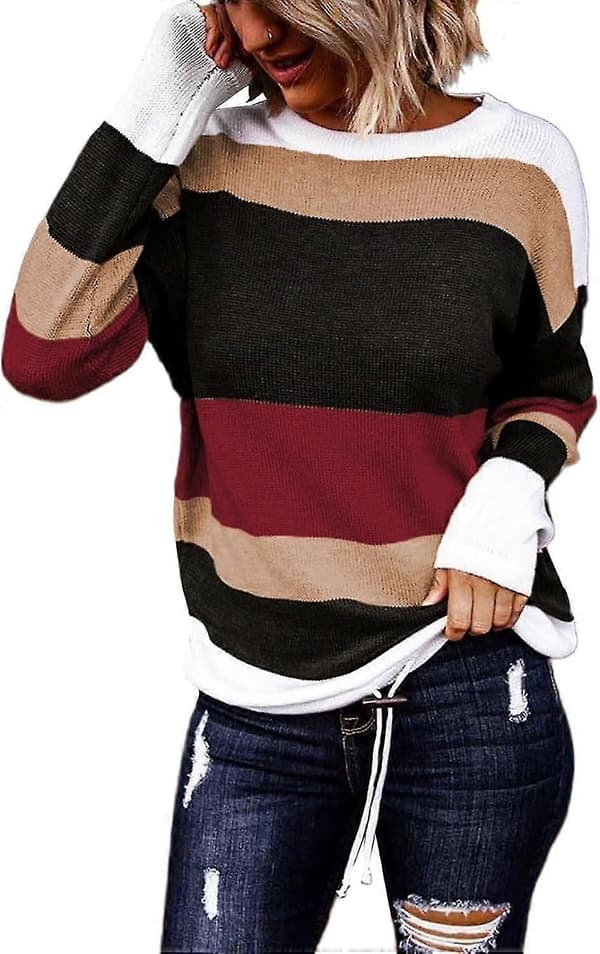 Efterårs Sweaters Rund Hals Stribet Sød Vinter Pullover Sweaters Til Kvinder Trendy 2023 Snøre X Large Red