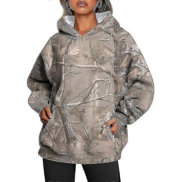 Camo hettegenser for kvinner, trykt oversized fleecegenser, avslappet pullover med lommer Khaki L