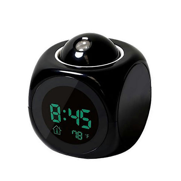 Multifunktionell projektionsväckarklocka med LED-röstfunktion, digital väckarklocka 12/24 timmar med snooze och timvis klockspel (svart)