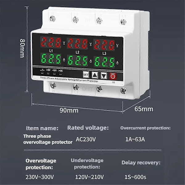 3-fas Justerbart Över- och Underspänningsskydd Voltmeter Amperemeter Monitor 3P4W Din-skena Strömgräns Skydd 100A