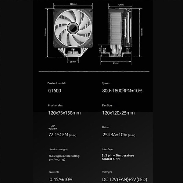 GT600 Digital Display CPU Luftkylare med 1800RPM ARGB A