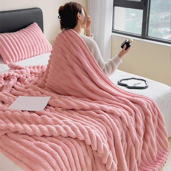 Sommer AC Flanel Tæppe Fortykket Dobbeltsidet Plys Stribet Tekstur Ensfarvet Kontor Lur Hjem Seng Sofa Rejse Hyggeligt Varmt Vintertæppe Khaki 100cm