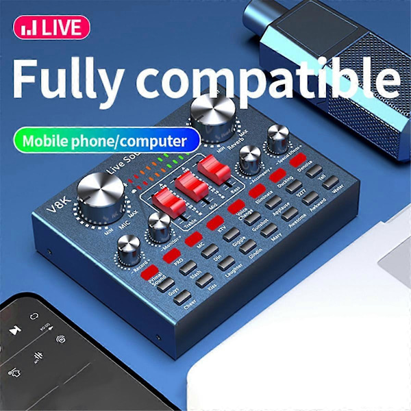 V8K Audio USB Externt Ljudkort Multi Portabel Mikrofon Live Sändning Ljudkort för Mobiltelefon Dator