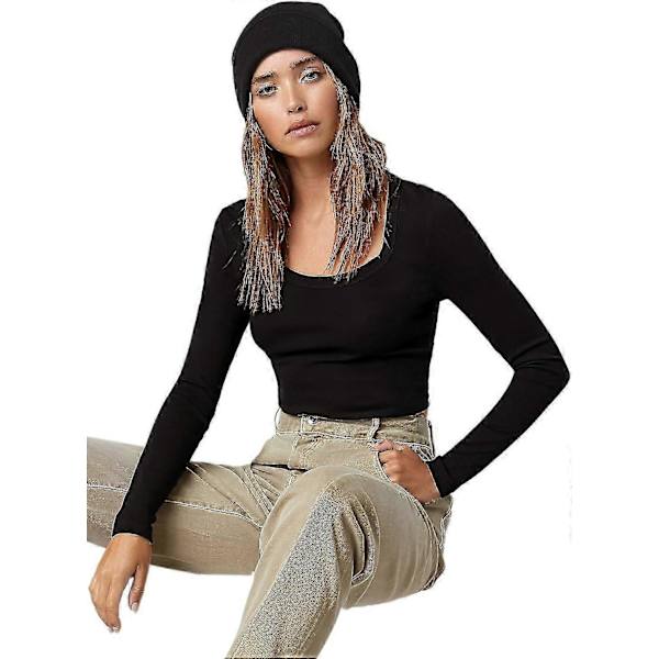 Basic, ensfarget, elastisk crop top med rund hals og lange ermer for kvinner Black Medium