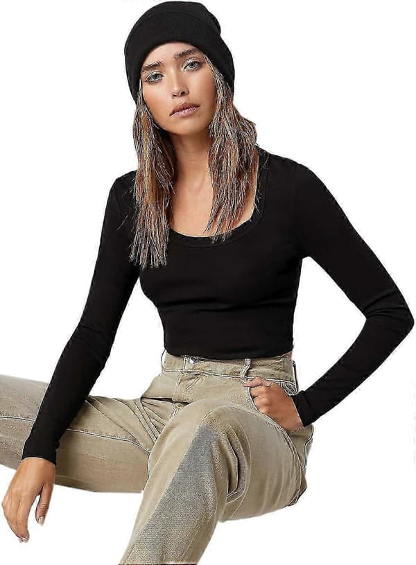 Basic ensfarvet stretch top med rund hals og lange ærmer til kvinder Black X-Small