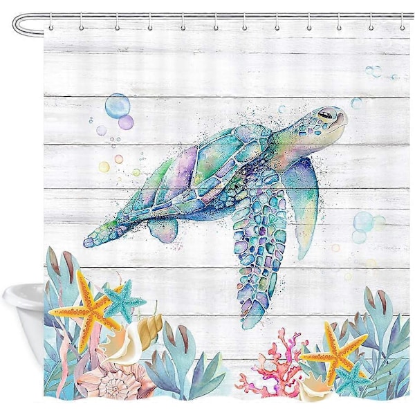 Rustikt badeværelsesforhæng med havskildpadde, kysttræplanke, strandskildpaddeforhæng med 12 kroge (183 cm B x 183 cm L)