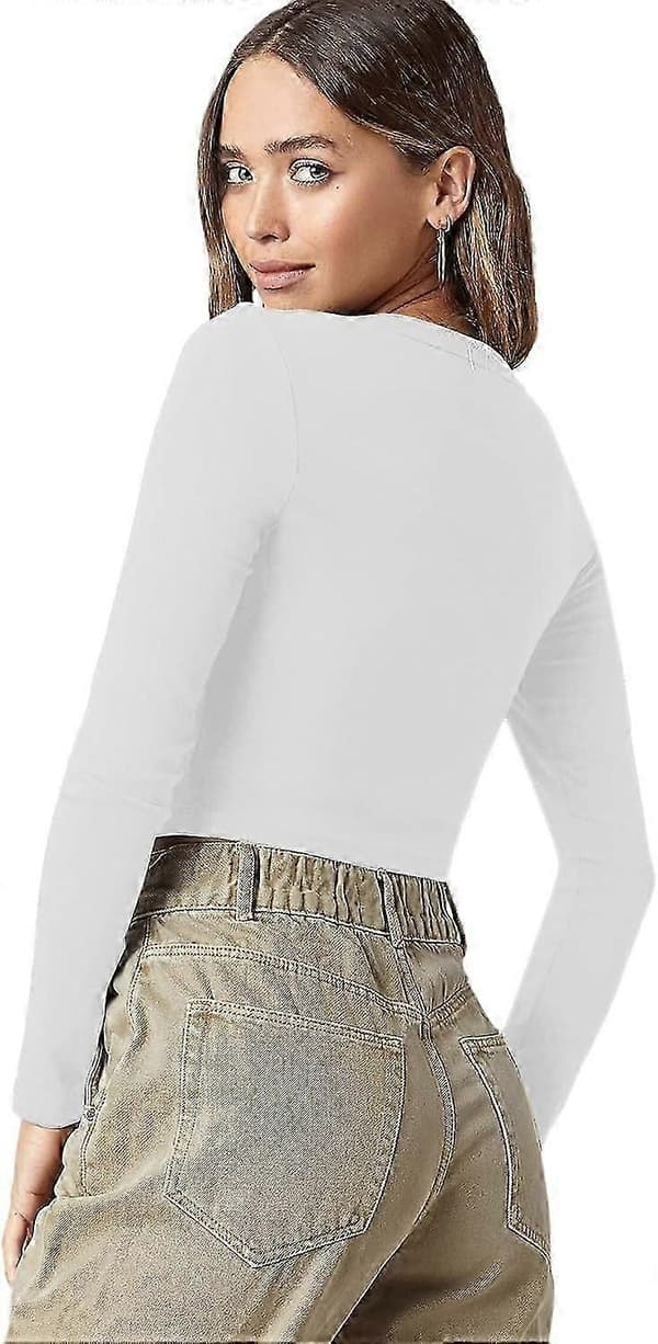 Basic, ensfarget, elastisk crop top med rund hals og lange ermer for kvinner White Large