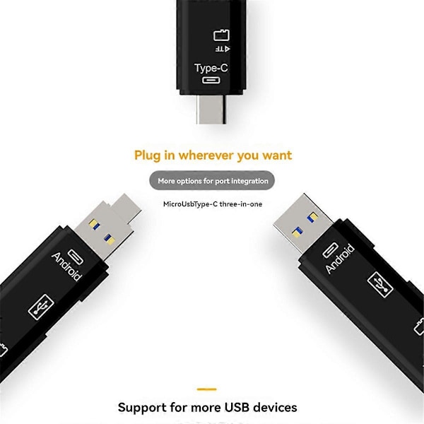 3-in-1 kortinlukija OTG-toiminnolla, tukee USB 2.0 / Type C, musta