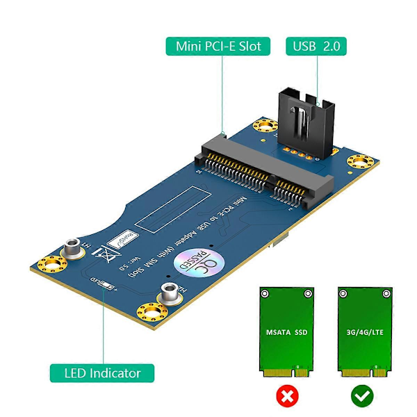 Mini PCI-E till USB 2.0-adapter med SIM-kortplats för WWAN/LTE-modul