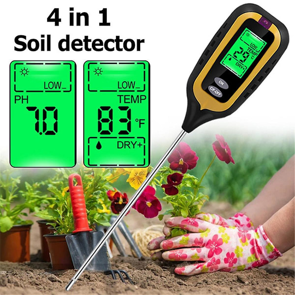4 i 1 LCD Digital Jordfuktighetsmätare PH-mätare Temperatur Solljus Fuktighetstestare för Trädgård Åker