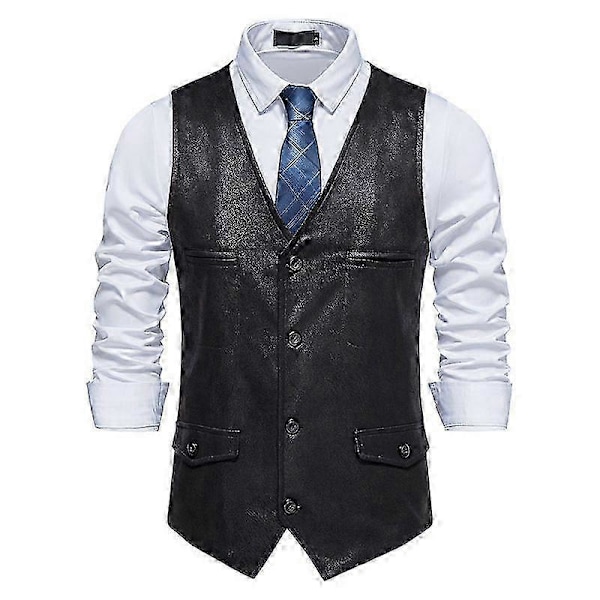 2025 Läder Västar för Män, Casual Väst i Westernstil, Lätt V-ringad Black 2XL