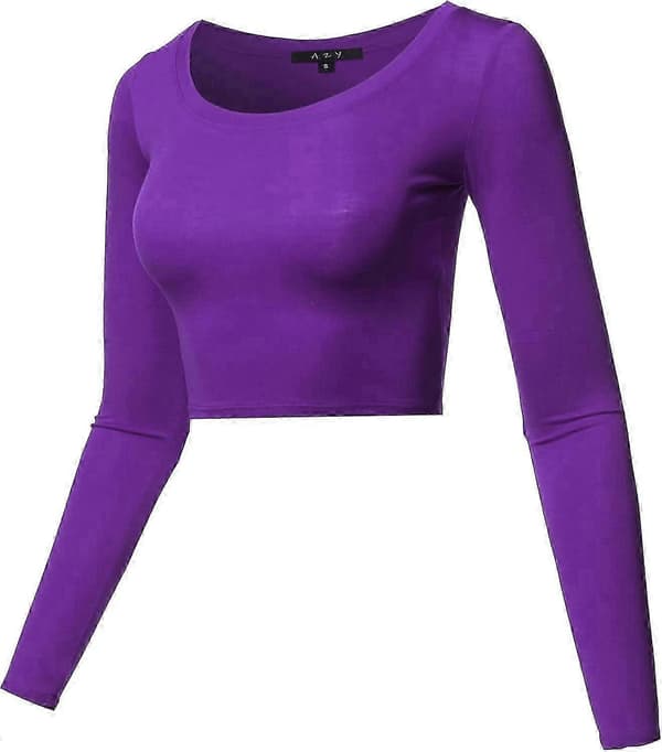 Basic, ensfarget, elastisk crop top med rund hals og lange ermer for kvinner Rayon - Purple X-Small