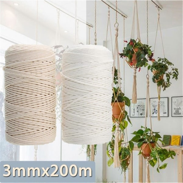 3mm 100m/200m DIY Käsin Kudottu Puuvilla Askartelu Makramee Nauha Punottu Seinävaate Köysi Off White 100m
