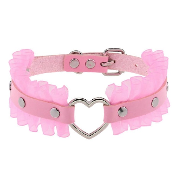 Kvinnor Flickor Läder Choker Halsband Punk Rock Gotisk Hjärta Choker Halsband, Spetshalsband-Rosa
