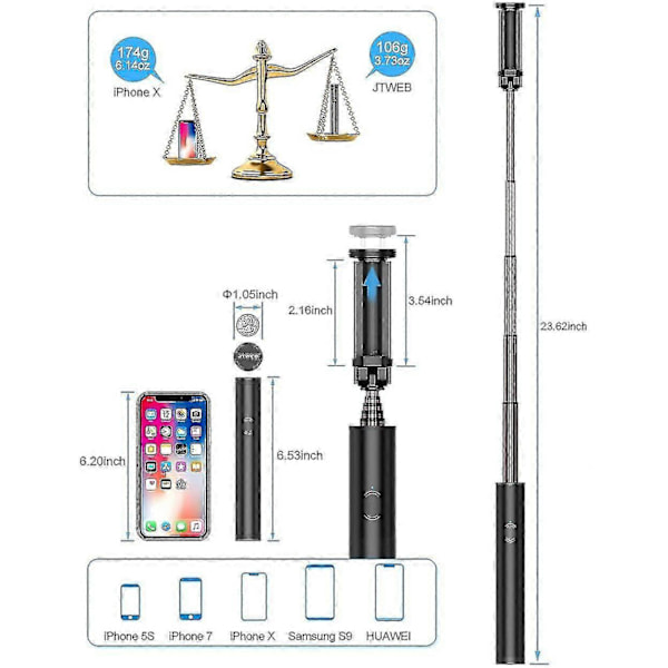 Professionel Selfie Stick Bluetooth, Alt I Én Udtrækkelig Stabil Selfie Sticks, Simpelt Letvægts Kompakt Design Til 12/12 Pro/11/11 Pro/xs/xr/x/8/8