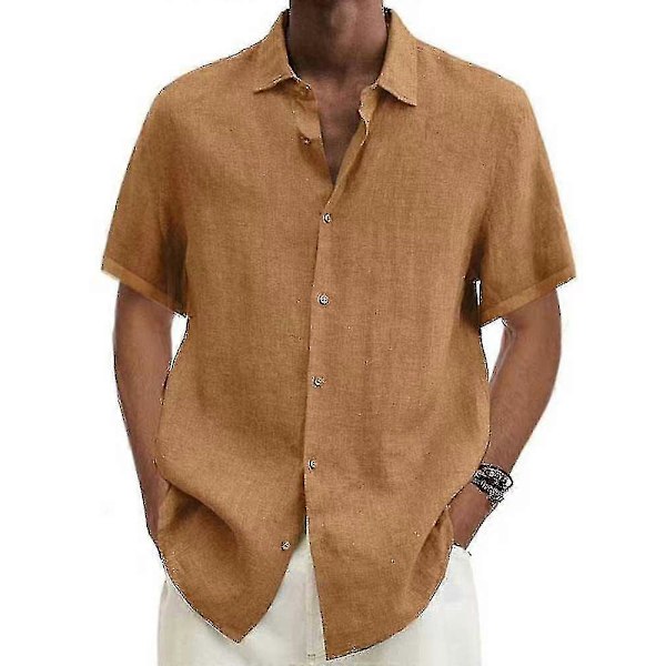 2025 Bomulls- och linneblus Sommar Herr Nedvikt Krage Kortärmad Knapp Lös Blus Toppar Oversized S-5xl khaki 4XL