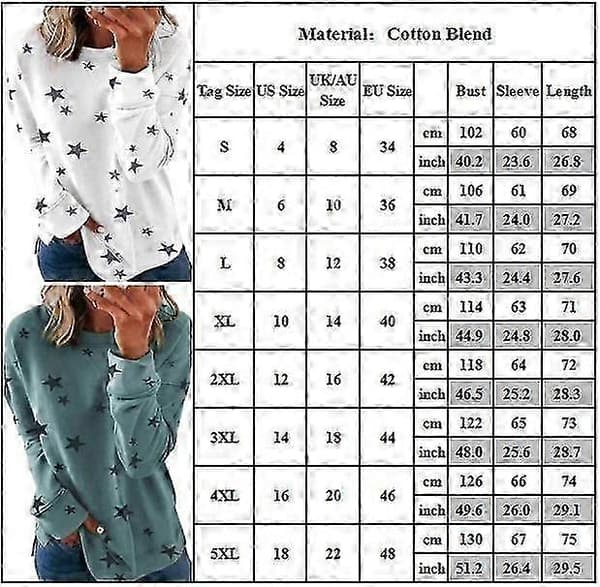 Plus Size Dame Toppe Stjerne Print Langærmet Pullover Casual T-shirts Wine Red 3XL