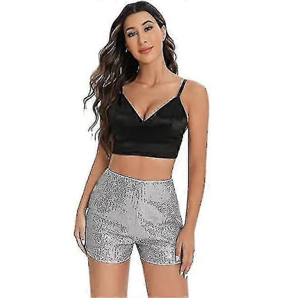 Dame Paljetter Høy Elastisk Midje Rett Ben Shorts Solid Glitter Party Shorts Silver S