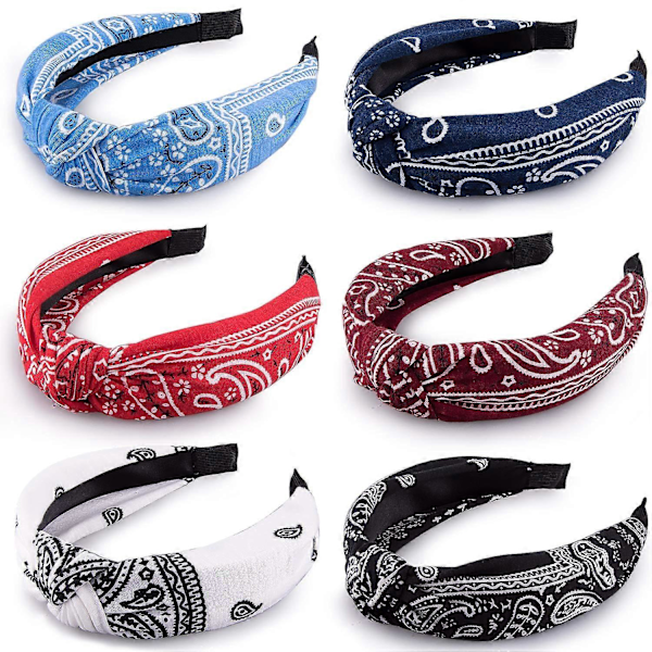 6 kpl solmupantaa Paisley Boho -pantoja Vintage Ristikkäin solmittuja pantoja Kierretty solmupanta Leveä hiuspanta