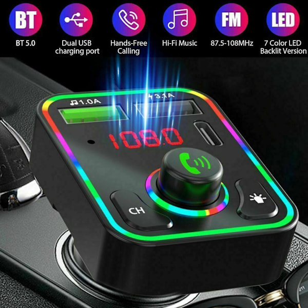 Bluetooth Bil Trådlös FM-sändare Adapter 2USB + PD Snabbladdare MP3 AUX