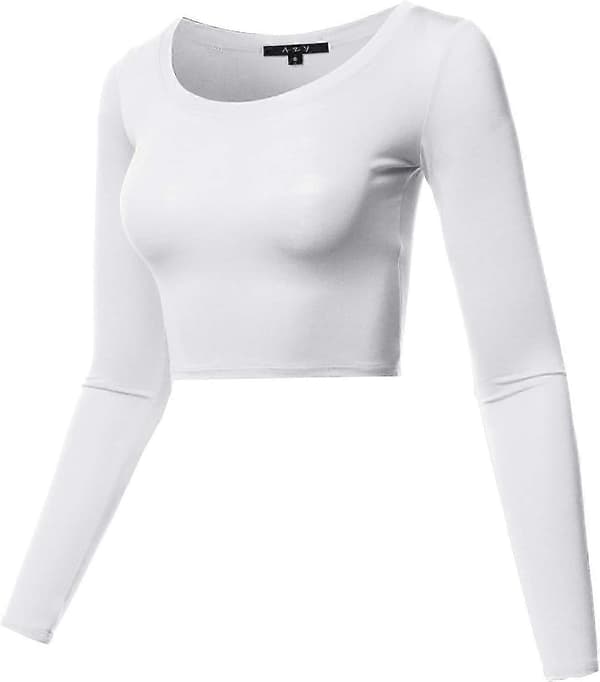 Basic ensfarvet stretch top med rund hals og lange ærmer til kvinder Rayon - White Medium