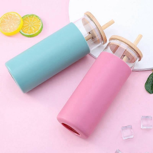 500 ml Glasflaska Sugrör Silikon Skyddshylsa Söt Vattenkopp C