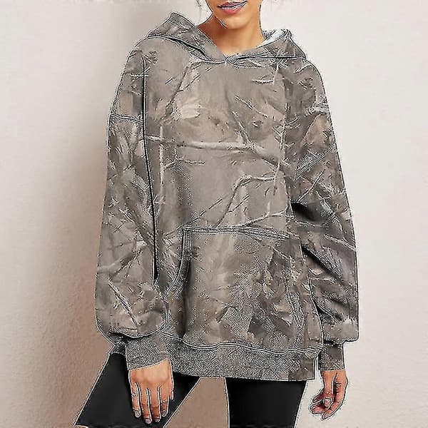 Dame Camo Hættetrøje Print Oversized Fleece Sweatshirt Casual Pullover Med Lommer coffee M