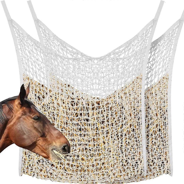 2 st Långsam Ätande Hö Nät Hömatare Höpåsar för Hästar Getter Stall Släpvagn Hästmatningsmaterial (Vit, 89 x 79 cm)