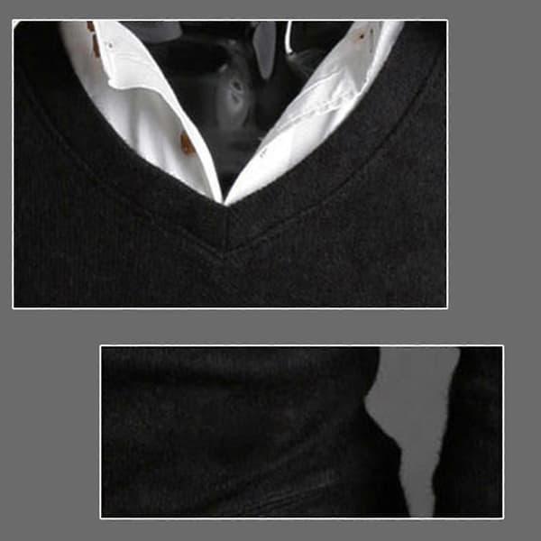 Herre Ensfarget V-hals Strikket Genser Black L