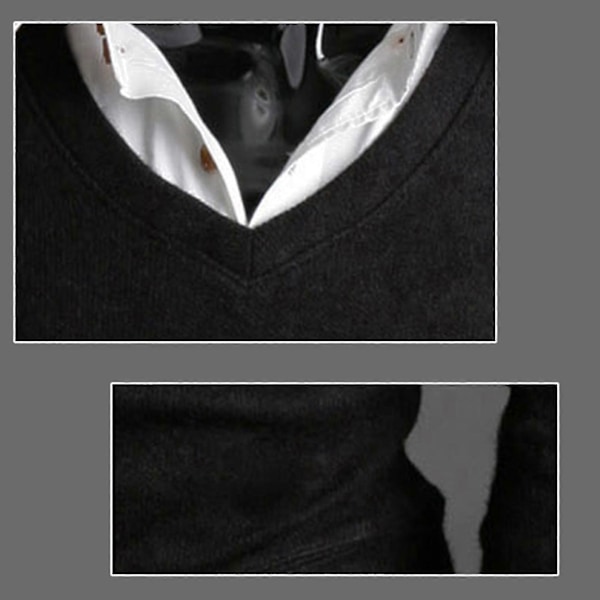 Herrtröja enfärgad V-ringad stickad tröja Black M