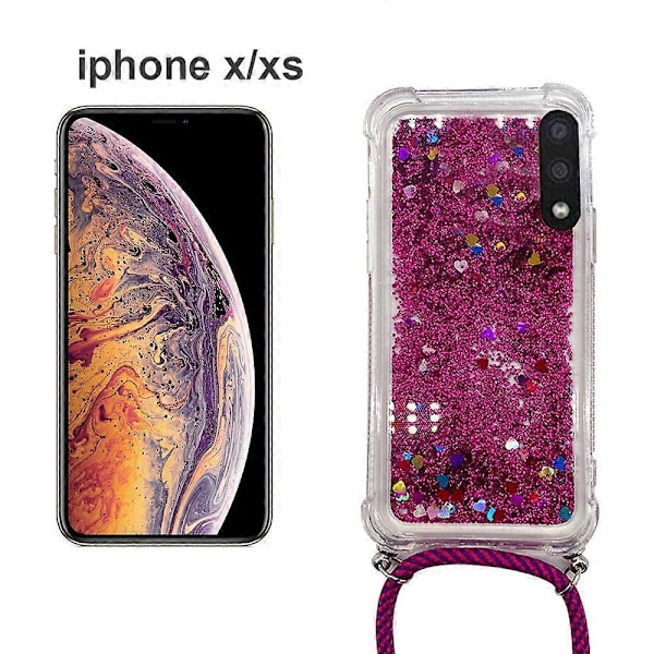 Kompatibelt med Iphone X/Xs Glitter Flytande Skal med Snodd, Glittrigt Blankt Transparent TPU-skal med Halsrem (Rosa)