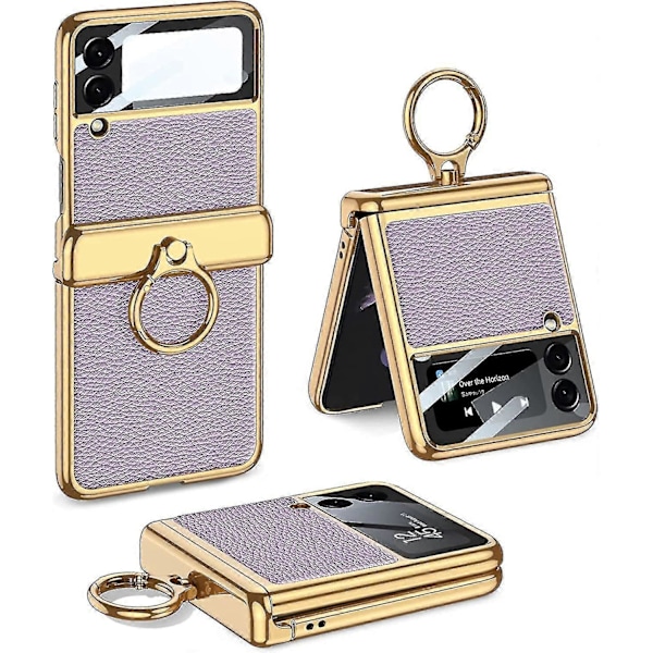 Läderfodral Kompatibelt med Samsung Z Flip 3 med Ringhållare Magnetiskt Gångjärn, Plätering Z Flip 3 Fodral Ställ Purple